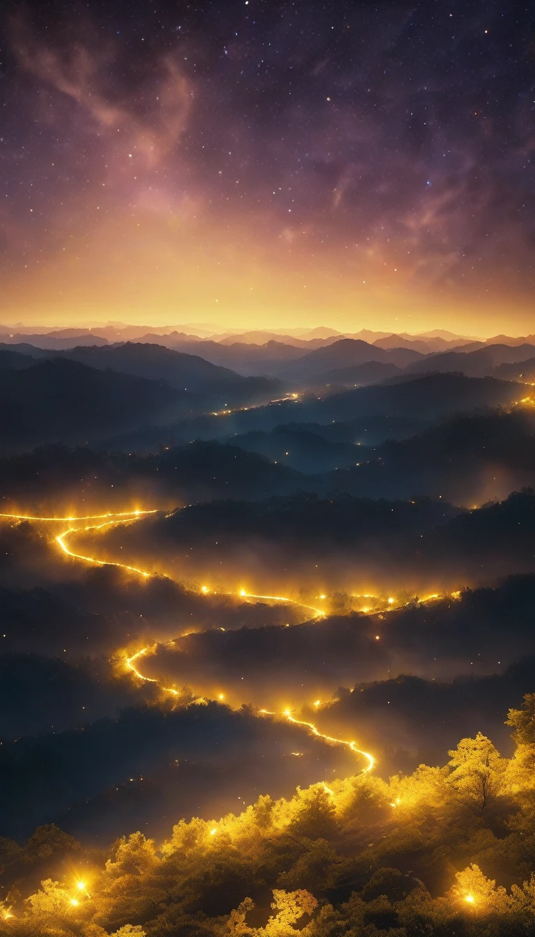 Yellow Sky,Band of Light,Particles of light,Twinkling Stars Ultra-Realistic, photo-realistic, ultra-definition, 4K, top quality, masterpiece,The sky