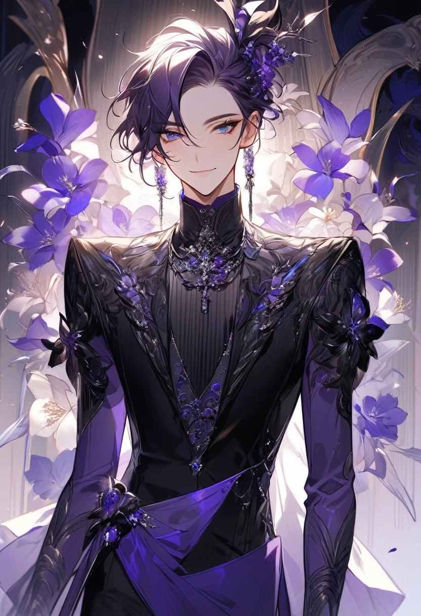 Feminine boy, beautiful soft facial features, smile, squinted siren dark blue eyes without glare, silver and dark purple long hair with straight bang, fantasy black fit clothes with blue and purple elements, long black gloves, model, gorgeous, elegant, lots of silver jewelry, flowers in his hair, skinny body