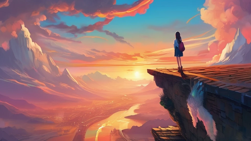 Anime Girl, Standing on a ledge watching the sunset, clouds and rainbow below, guweiz and Xin Haicheng, in style of Xin Haicheng, Xin Haicheng cyril rolando, sakimichan and Xin Haicheng, ross tran and Xin Haicheng, ( ( Xin Haicheng ) ), style of Xin Haicheng