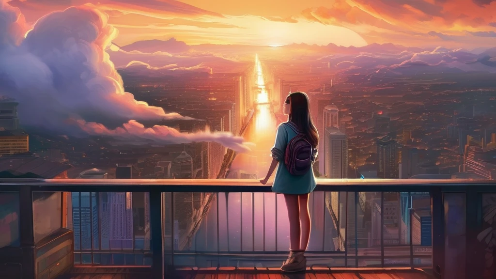 Anime Girl, Standing on a ledge watching the sunset, clouds and rainbow below, guweiz and Xin Haicheng, in style of Xin Haicheng, Xin Haicheng cyril rolando, sakimichan and Xin Haicheng, ross tran and Xin Haicheng, ( ( Xin Haicheng ) ), style of Xin Haicheng