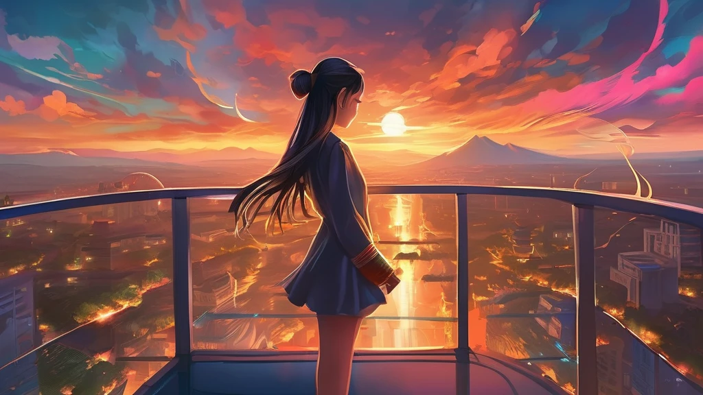 Anime Girl, Standing on a ledge watching the sunset, clouds and rainbow below, guweiz and Xin Haicheng, in style of Xin Haicheng, Xin Haicheng cyril rolando, sakimichan and Xin Haicheng, ross tran and Xin Haicheng, ( ( Xin Haicheng ) ), style of Xin Haicheng