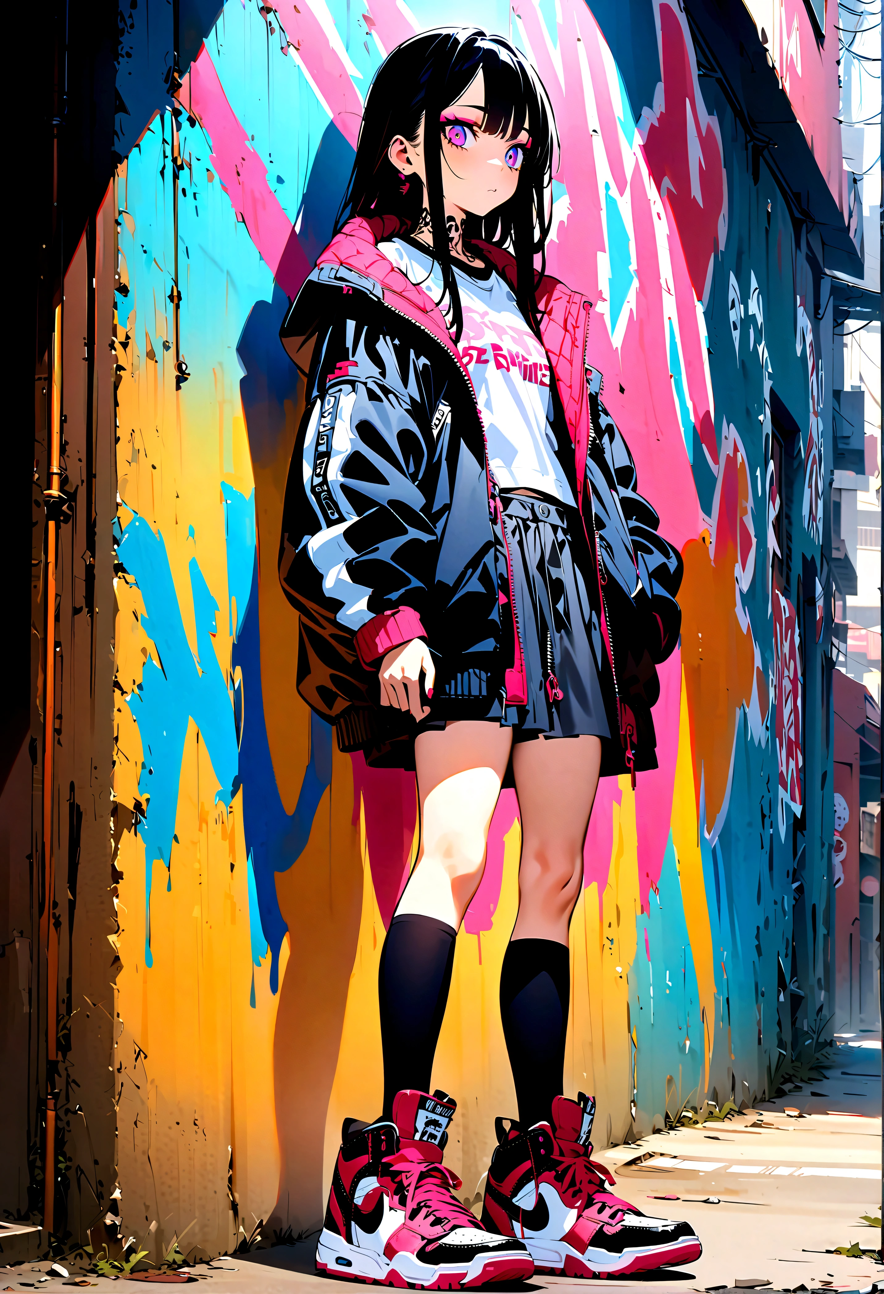 Step Piece, Best Quality, Best Illustration, Ultra-detailed,girl, pinkrose long hair, crazy baddie girl, Cool Black Open Short Jacket, neck tattoo, Messy Fade Cut Hair, Side braided hair,Crazy, standing with an eerie feeling, abandond street graffiti wall background,knee high socks, quirky sneakers, Eyeshadow on the eyes,unusual colored eyes, Eyes of fear, Vivid eyes, cool shot