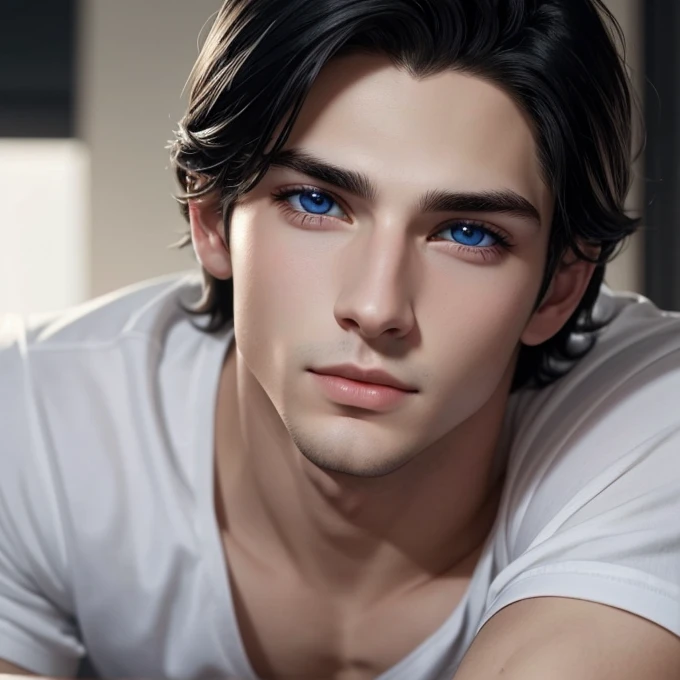 Create a 19 year old American boy. Super white and neat skin, blue eyes, dark black hair. chico sexy, perfect and realistic. Perfect and realistic image . Pale and perfect white