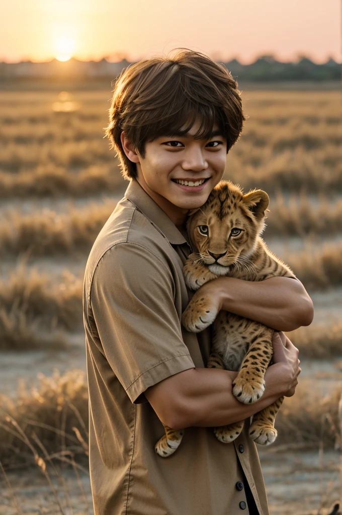 Kim Taehyung plays in Savannah with a little lion cub, ash hair, Happy smile, against the backdrop of sunset