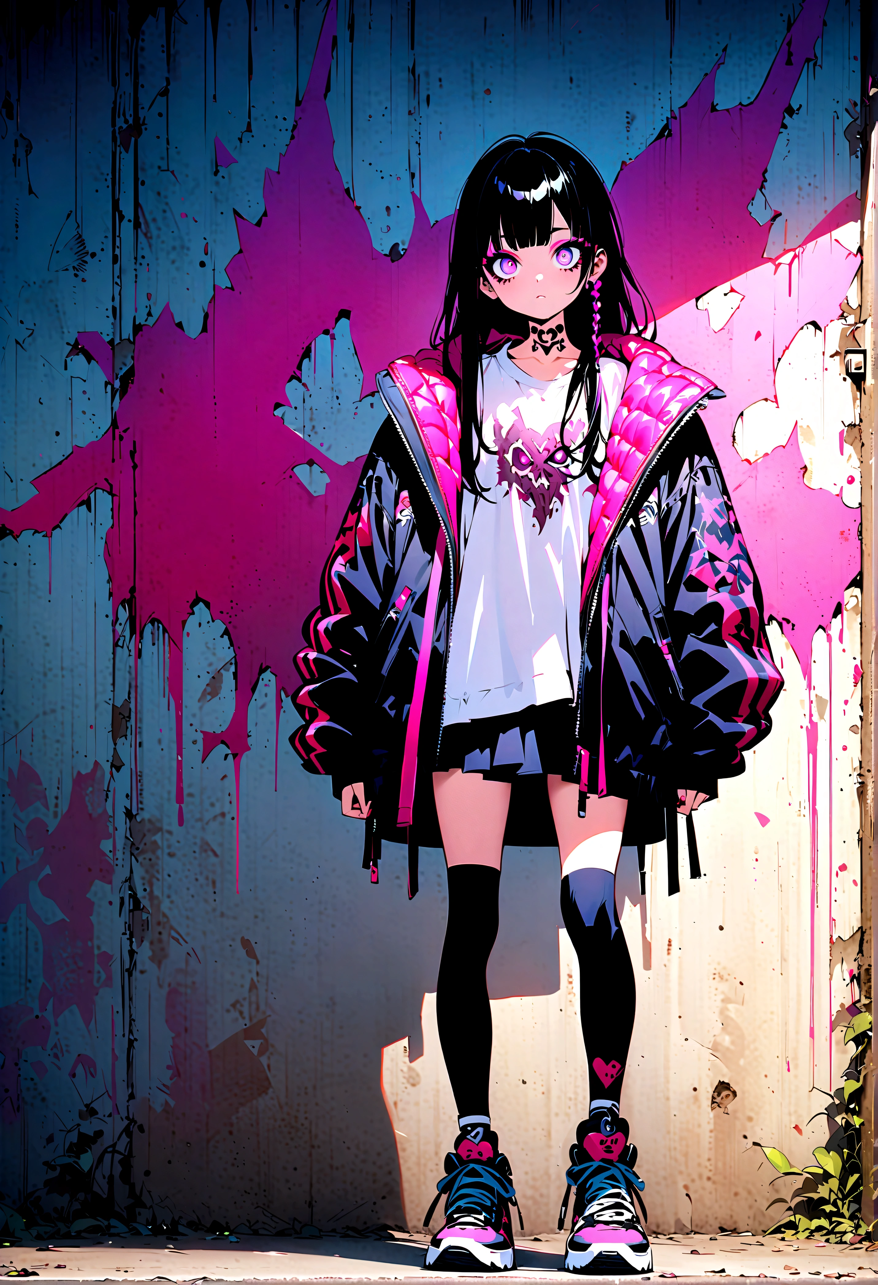 Step Piece, Best Quality, Best Illustration, Ultra-detailed,girl, pinkrose long hair, crazy baddie girl, Cool Black Open Short Jacket, neck tattoo, Messy Fade Cut Hair, Side braided hair,Crazy, standing with an eerie feeling, abandond street graffiti wall background,knee high socks, quirky sneakers, Eyeshadow on the eyes,unusual colored eyes, Eyes of fear, Vivid eyes, cool shot
