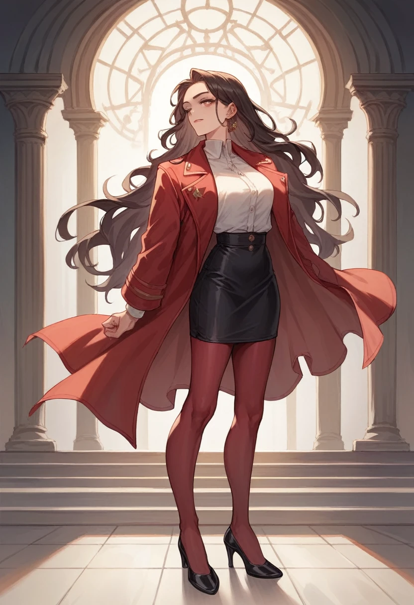 Highest quality, masterpiece, One Girl, whole body, 38Old woman, Bewitching beauty, Black wavy long hair, White shirt inner, Red jacket outerwear, Red tight skirt, Black high heels, Female CEO, Standing posture