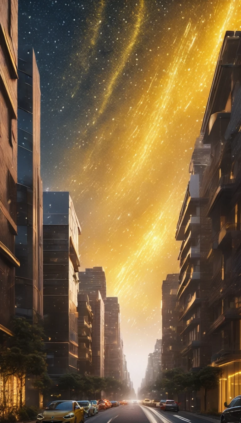 Yellow Sky,Band of Light,Particles of light,Twinkling Stars Ultra-Realistic, photo-realistic, ultra-definition, 4K, top quality, masterpiece,The sky