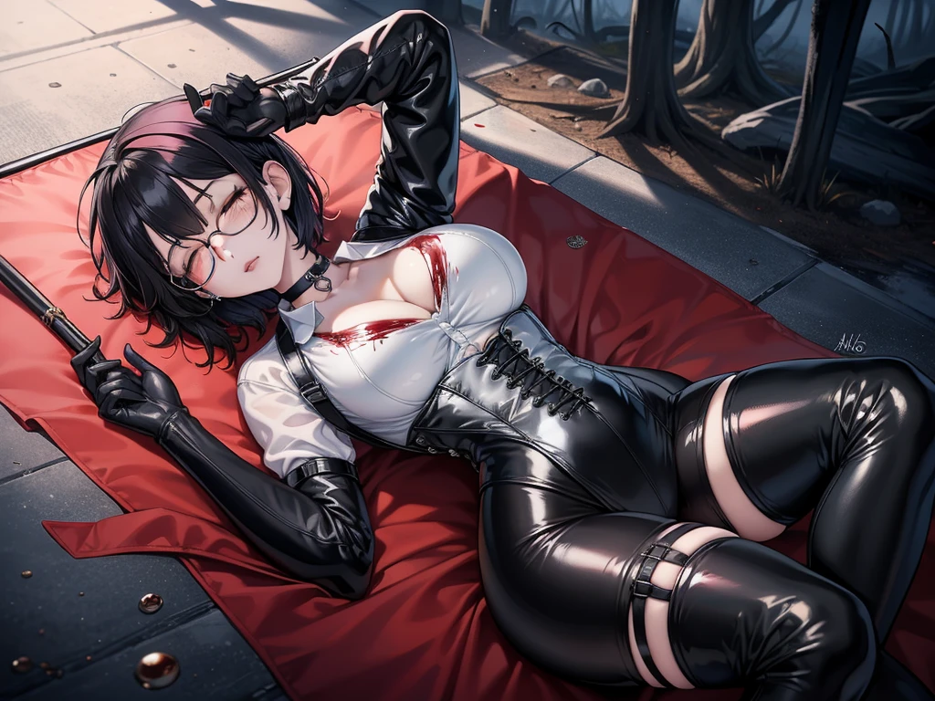 ((blood droplets)), ((blood)), ((blood splatter)), ((blood on clothes)), ((blood stain)), Masterpiece, Beautiful art, professional artist, 8k, art style by sciamano240, Very detailed face, Detailed clothing, detailed fabric, 1 girl, View from above, asleep in the fetal position on the floor,  perfectly drawn body, legs open, (very big breasts), dead expression, lifeless, pale skin, beautiful face, short black hair, Closed eyes, pink cheeks, glasses, choker:1.6, (white collar button down long sleeve shirt), black gloves, gloves that cover hands, (holding an ax in his right hand), (black leather corset), (shiny black leggings), Sensual Lips , evening de invierno, Dark road, dark forest, evening, Atmosphere, fog