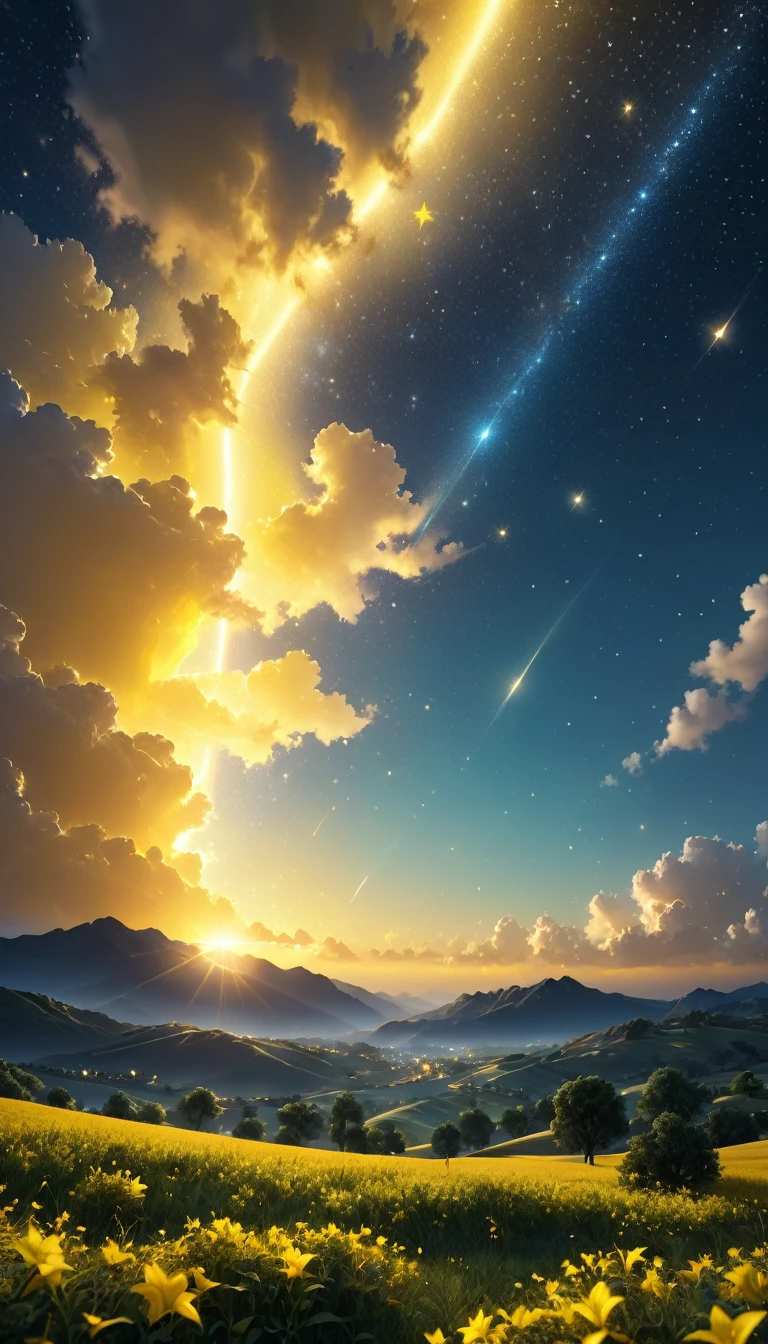 Yellow Sky,Band of Light,Particles of light,Twinkling Stars Ultra-Realistic, photo-realistic, ultra-definition, 4K, top quality, masterpiece,The sky