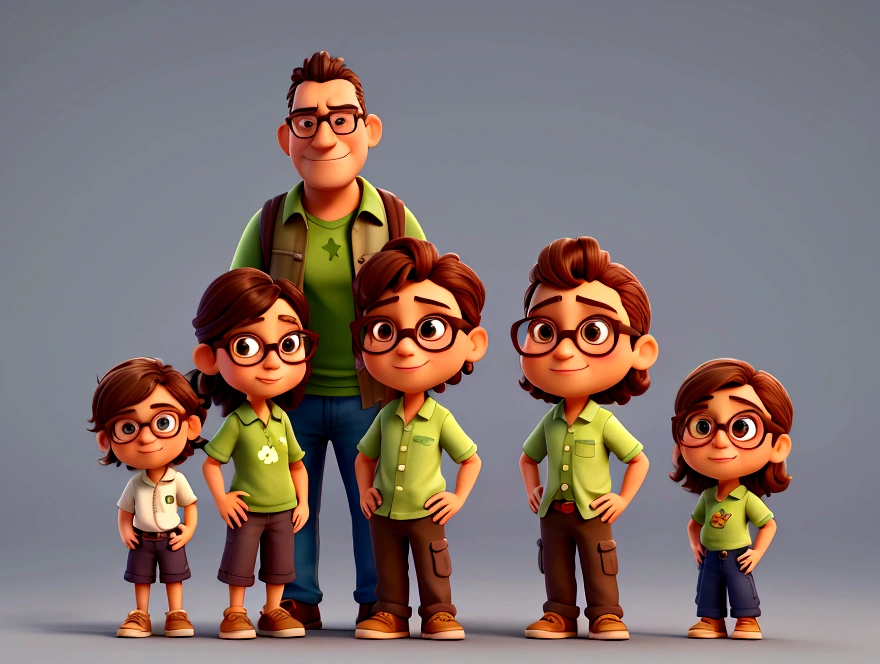 cartoon character, Character details:
1.man on the left:
- Age: Middle Age - Hair: Short and brown - Skin: Clara - Glasses: With square dark frames - Clothing: Light green polo shirt - Expressão: Warm smile - Poses: giving a "like" with the right hand 2. Man on the Right:
- Age: Young Adult - Hair: Short and dark brown - Skin: Clara - Glasses: With round dark frames - Clothing: Olive green T-shirt with print "Caparaó Region" and light blue jeans - Expresso: Cheerful smile - Pose: Left arm around older man's shoulder
,animation character, stylized character, animation style rendering, 3d stylized, Arnold Maya rendering, Stylized 3D rendering, toon render screenshot, 3d character, 3d character, Stylized 3D rendering, 3D character rendering, cartoon character, Personagem de close up, character posing, (Pixar-style) (master part:1.2) (bokeh) (best qualityer) (skin detailed) (detailed texture) (8K) (Argilla) (cinematic lighting) (sharp focus