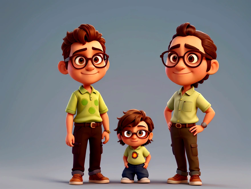 cartoon character, Character details:

1.man on the left:
   - Age: Middle Age - Hair: Short and brown - Skin: Clara - Glasses: With square dark frames - Clothing: Light green polo shirt - Expressão: Warm smile - Poses: giving a "like" with the right hand 2. Man on the Right:
   - Age: Young Adult - Hair: Short and dark brown - Skin: Clara - Glasses: With round dark frames - Clothing: Olive green T-shirt with print "Caparaó Region" and light blue jeans - Expresso: Cheerful smile - Pose: Left arm around older man&#39;s shoulder
,animation character, stylized character, animation style rendering, 3d stylized, Arnold Maya rendering, Stylized 3D rendering, toon render screenshot, 3d character, 3d character, Stylized 3D rendering, 3D character rendering, cartoon character, Personagem de close up, character posing,  (Pixar-style) (master part:1.2) (bokeh) (best qualityer) (skin detailed) (detailed texture) (8K) (Argilla) (cinematic lighting) (sharp focus
