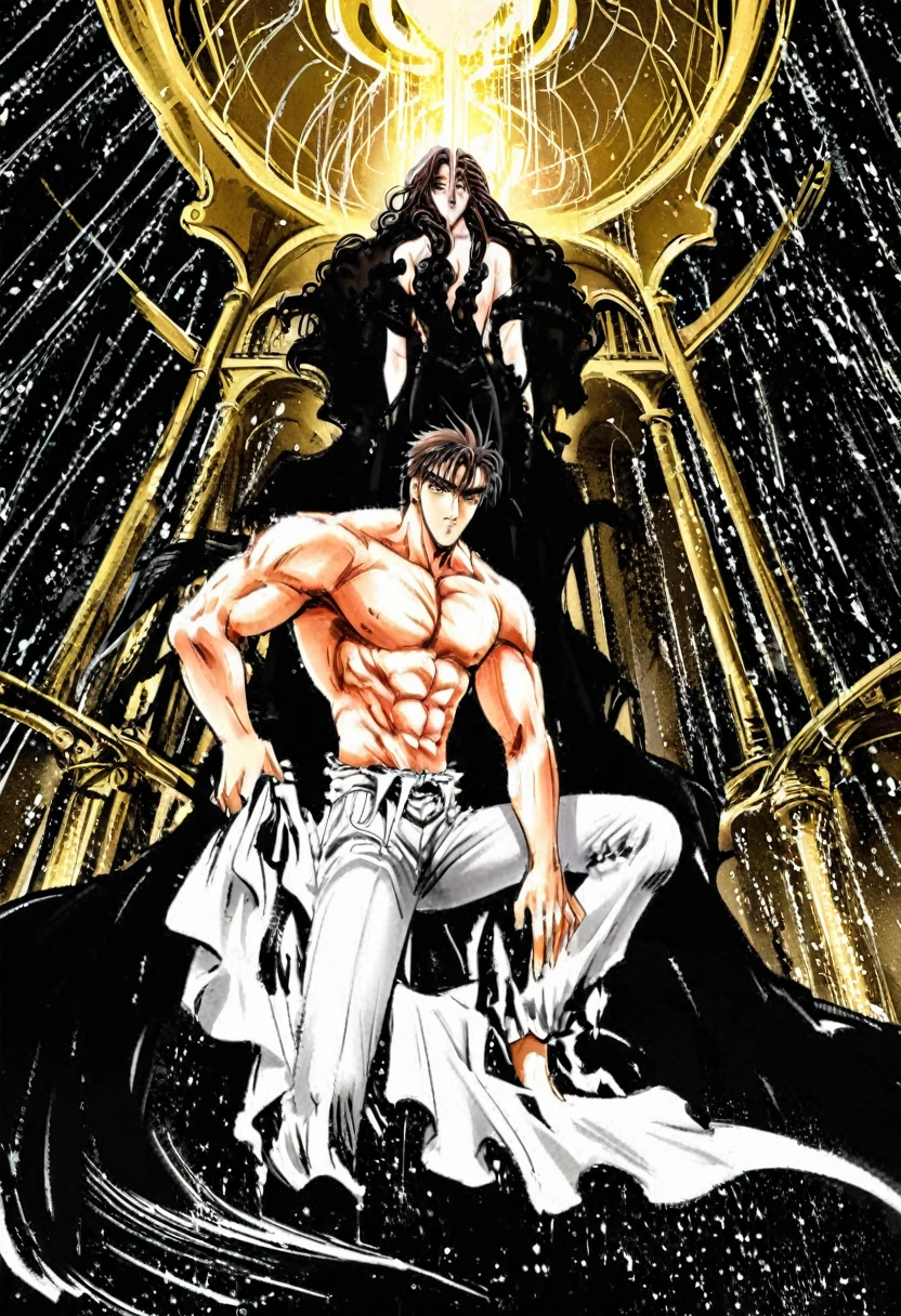 Elegant white and gold room., 1 chico, brown beard, muscular, shirtless , white pants , black overlay , dark brown wavy hair , dark brown eyes