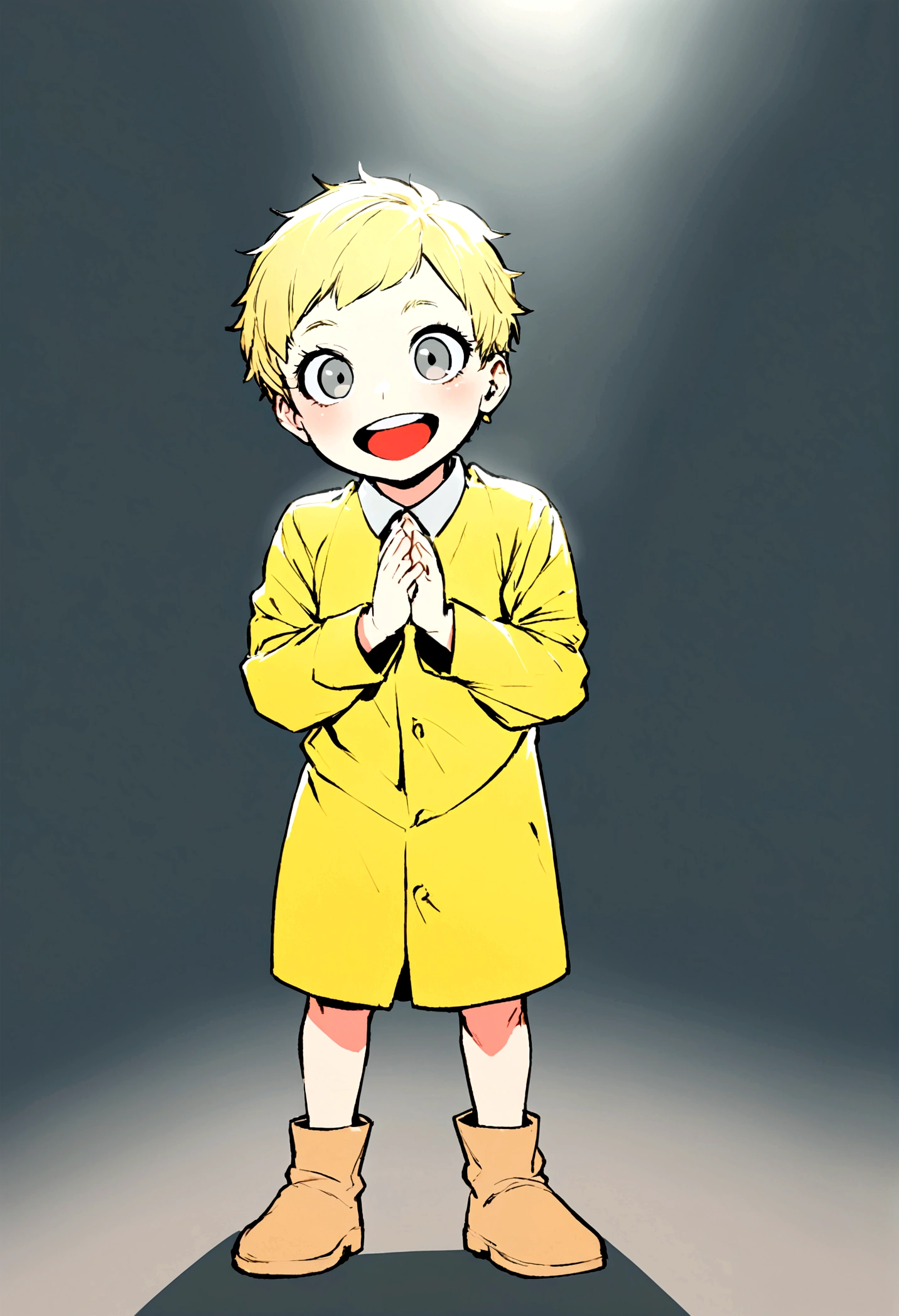 1 1 year old baby, minimalist theme, break yellow, beige ankle boots, Grinning, standing clapping, gray eyes, blonde and very short hair, as if he were a pixar character