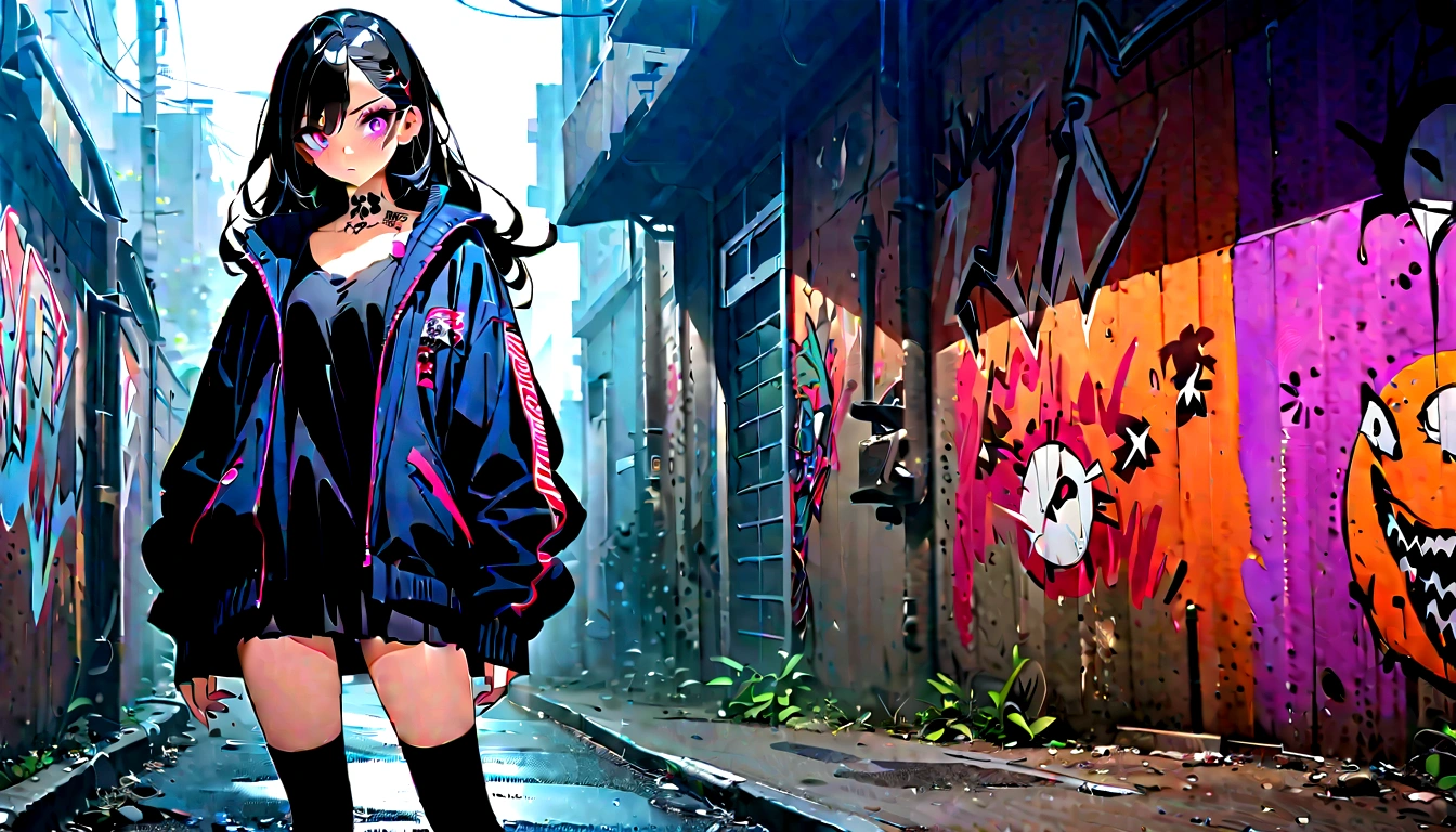 Step Piece, Best Quality, Best Illustration, Ultra-detailed,girl, pinkrose long hair, crazy baddie girl, Cool Black Open Short Jacket, neck tattoo, Messy Fade Cut Hair, Side braided hair,Crazy, standing with an eerie feeling, abandond street graffiti wall background,knee high socks, quirky sneakers, Eyeshadow on the eyes,unusual colored eyes, Eyes of fear, Vivid eyes, cool shot