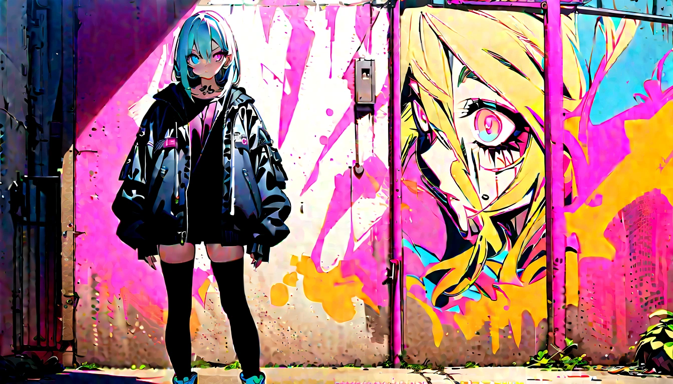 Step Piece, Best Quality, Best Illustration, Ultra-detailed,girl, pinkrose long hair, crazy baddie girl, Cool Black Open Short Jacket, neck tattoo, Messy Fade Cut Hair, Side braided hair,Crazy, standing with an eerie feeling, abandond street graffiti wall background,knee high socks, quirky sneakers, Eyeshadow on the eyes,unusual colored eyes, Eyes of fear, Vivid eyes, cool shot
