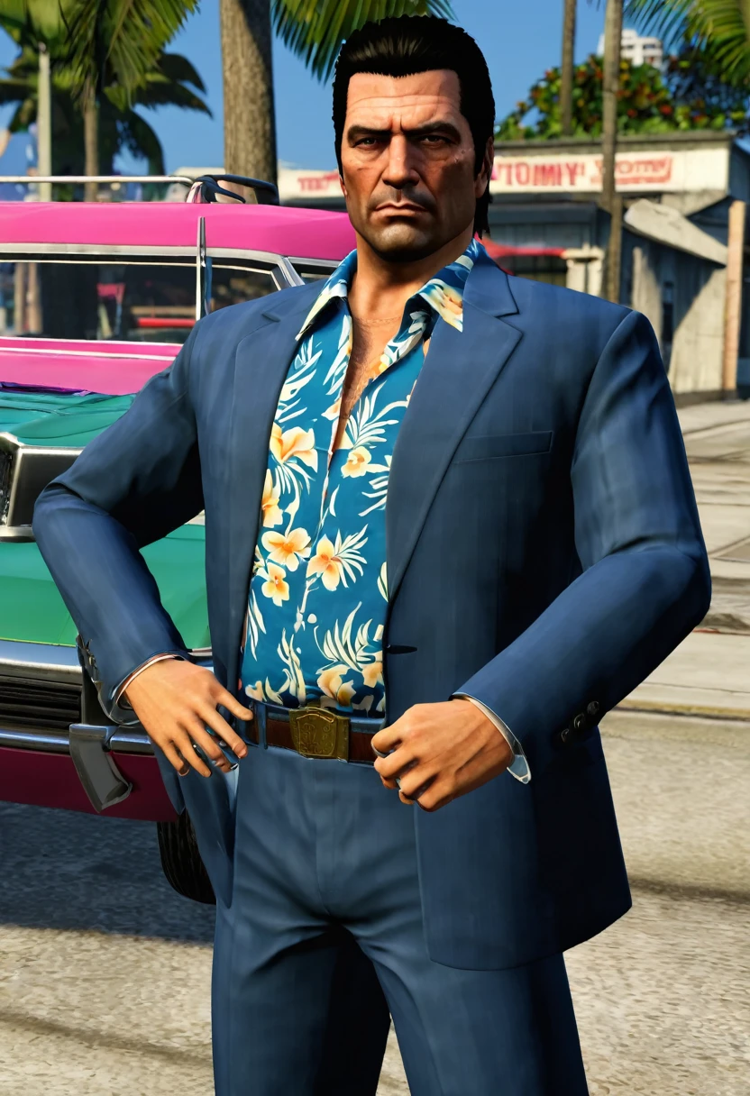 Mod para GTA V: "Tommy Vercetti - The Return of the King of Vice City"
Character description:

Name: Tommy Vercetti Age: 45 years (at the time of the mod)
Physical description: Tommy is a man with dark hair and a muscular build.. Dress up in his iconic Hawaiian outfit or modernized 80s outfits.
Background: