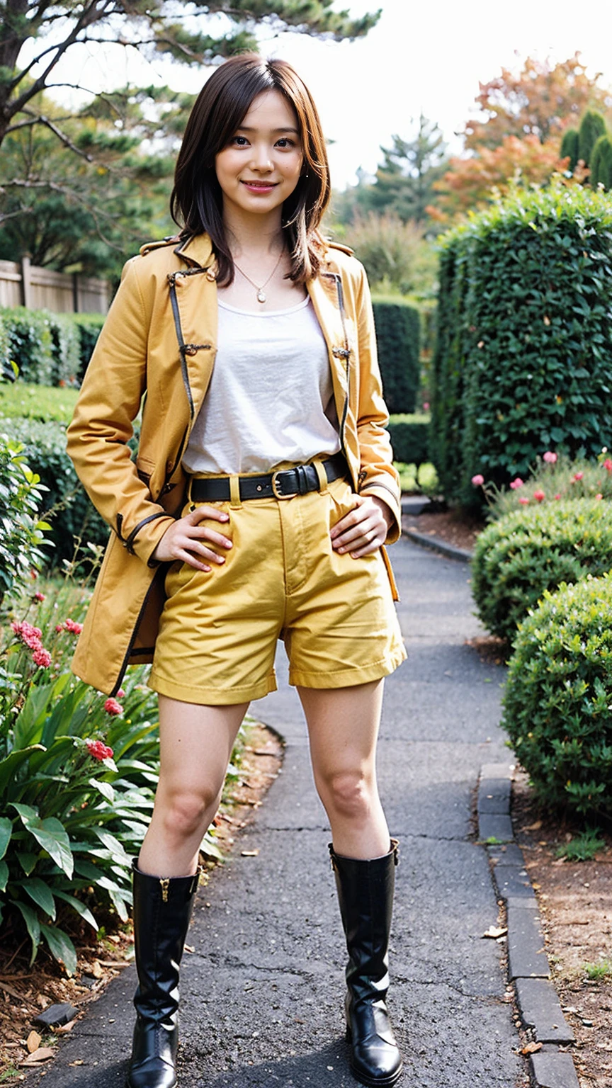 (8K、RAW Photos、Highest quality、masterpiece:1.2)、(Realistic、Realistic)、1 Girl、((Yellow long coat、Black shorts、smile、Thin legs、whole body、boots、one piece、garden、View from the front、Looking into the camera、belt、Stand with hands on hips))、cute