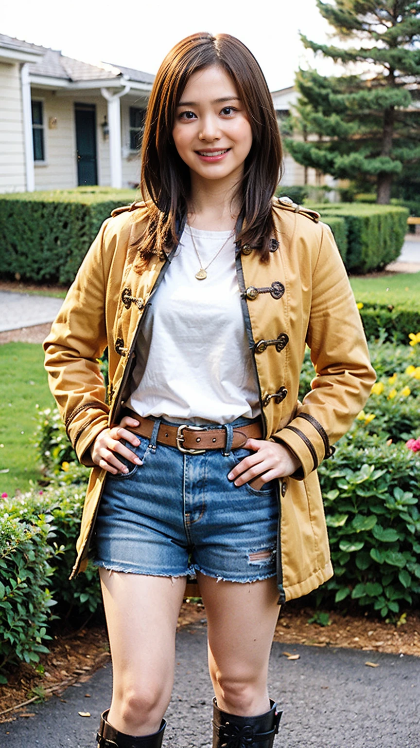 (8K、RAW Photos、Highest quality、masterpiece:1.2)、(Realistic、Realistic)、1 Girl、((Yellow long coat、Black shorts、smile、Thin legs、whole body、boots、one piece、garden、View from the front、Looking into the camera、belt、Stand with hands on hips))、cute
