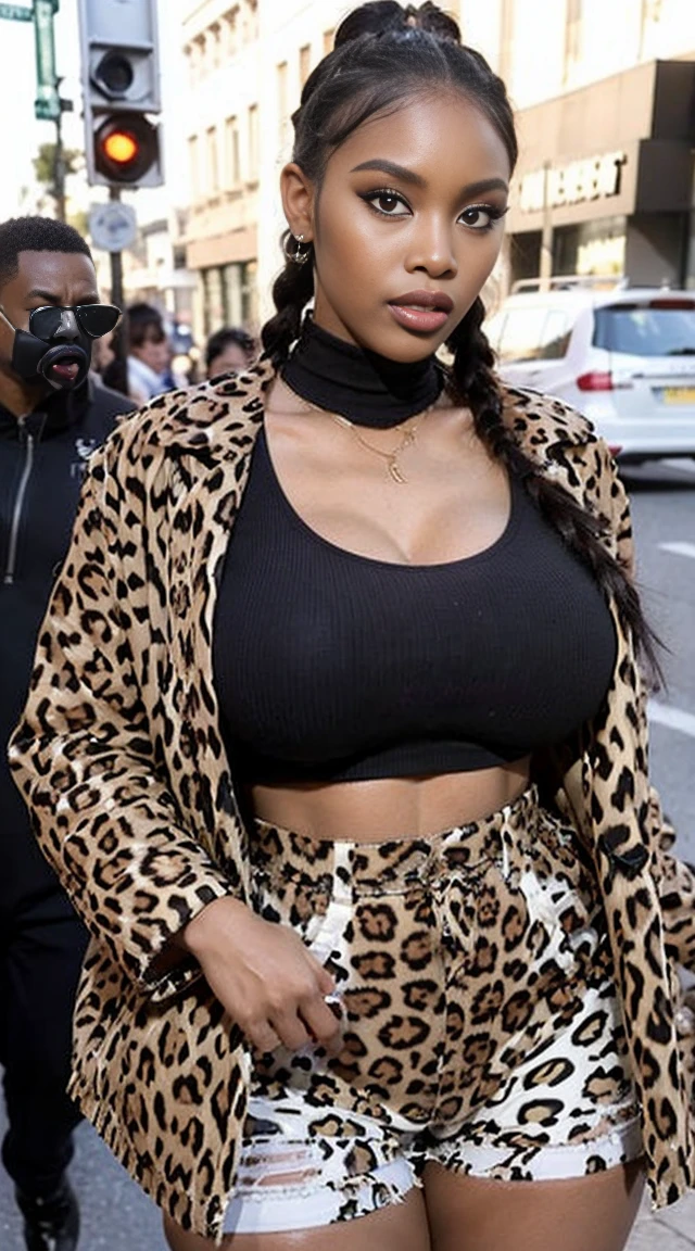 1girl, nigerian, very dark skin, jewlery,large breasts, big ass, cornrows, crop top, shorts, hourglass figure, skinny, slim waist, large thighs, wasp waisted, (leopard print cropped jacket), bimbo, street, big boss exposet are, big boss exposet are, big boss exposet are, nudes, naked

