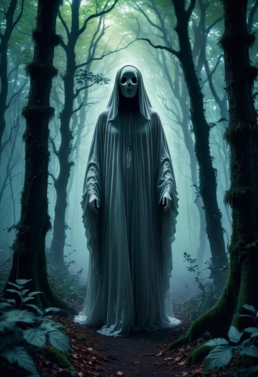 A ghostly figure in a haunted, magical forest, full body view in 8K, best quality, masterpiece