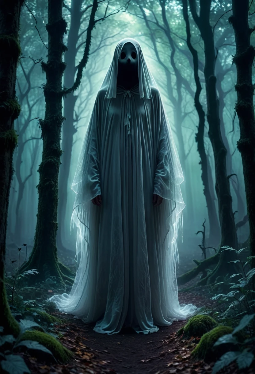 A ghostly figure in a haunted, magical forest, full body view in 8K, best quality, masterpiece