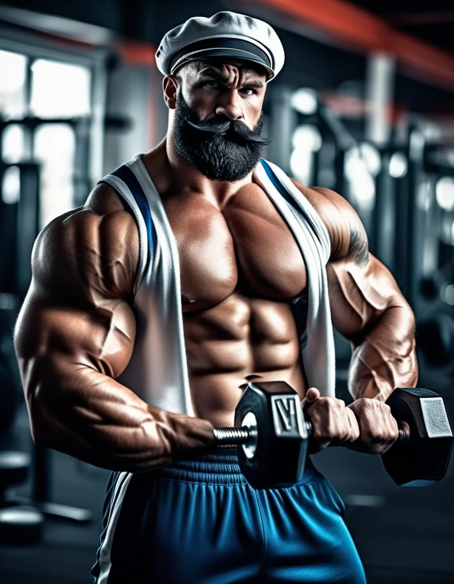 cinematic photo Sailor Popeye faithful to the work, lifting a big dumbbell as a bodybuilding athlete, highlighting your chin and forearm, your muscles well defined, Symmetrical, not exaggerated, harmonic, classic sailor look with pipe, black beard. with a powerful expression, Determined, force. The background of the image with elements of the work such as spinach, pipe and a gym, like weights, dumbbells, training equipment. With an intense atmosphere. Essence "badass" clenched fists, left eye is white . highy detailed, film, bokeh, proffesional, highy detailed