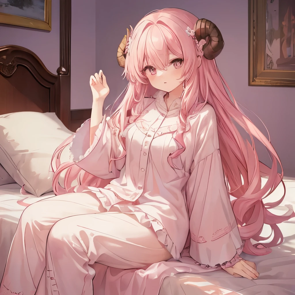An anime-style illustration of ‘Fua-chan’ yawning like a princess in pajamas. Fua-chan has distinctive features: long pink hair styled in soft curls resembling sheep’s horns, and pink eyes. She is depicted wearing elegant, princess-like pajamas with delicate lace and ruffles. Her expression is sleepy and graceful as she raises one hand to cover her mouth in a ladylike yawn. The background shows a cozy bedroom with soft lighting, a luxurious bed, and plush decorations, creating a serene and dreamy atmosphere as Fua-chan prepares to go to sleep.
