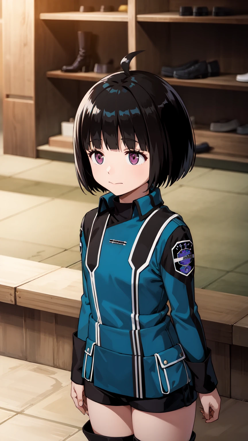 One Girl, alone, amateur_chika, short hair, Black Hair, Blunt bangs, Bobcut, Ahoge, Purple eyes, Long sleeve, Blue jacket, uniform, Black Shirt, turtleneck, Symbolism, Short black shorts, Black boots, carry a long rifle, Cowboy Shot、Thighs、Black thigh-high boots、（（（Black high heels）））whole body, face, high quality, masterpiece, 超High resolution, high quality, Attention to detail, 最high quality, High resolution