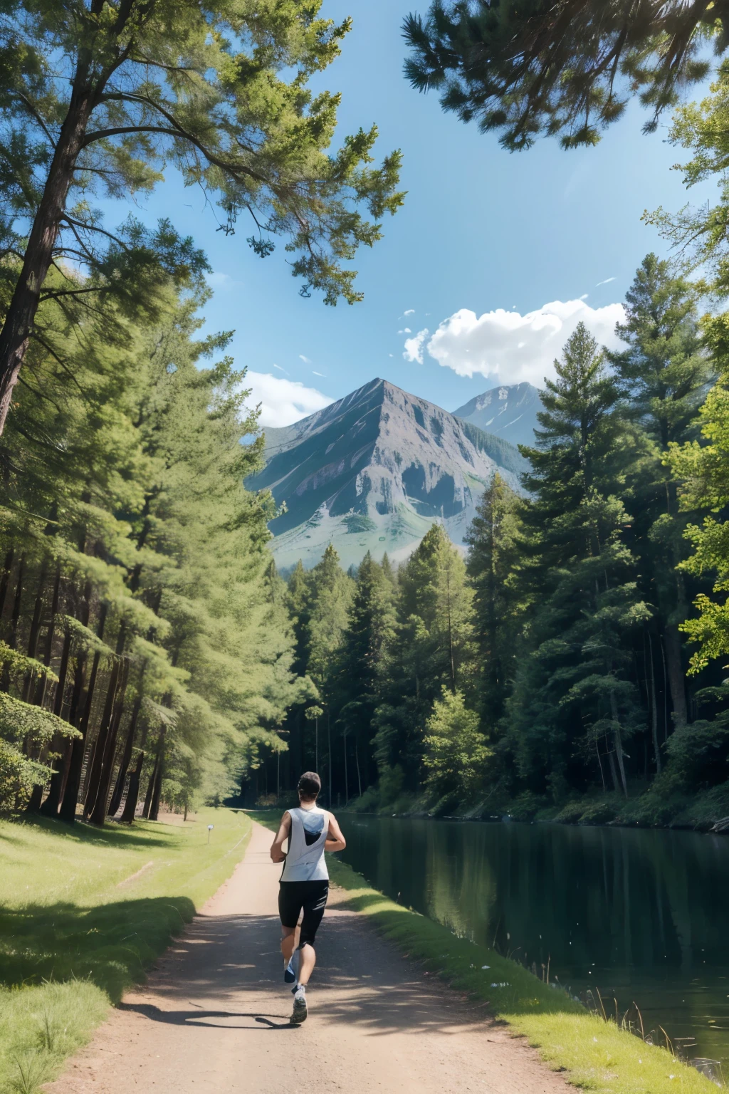 a man jogging on a trail around a tranquil lake, with a clear blue sky and few trees around, highlighting the simplicity of the scene, 1080P, UHD