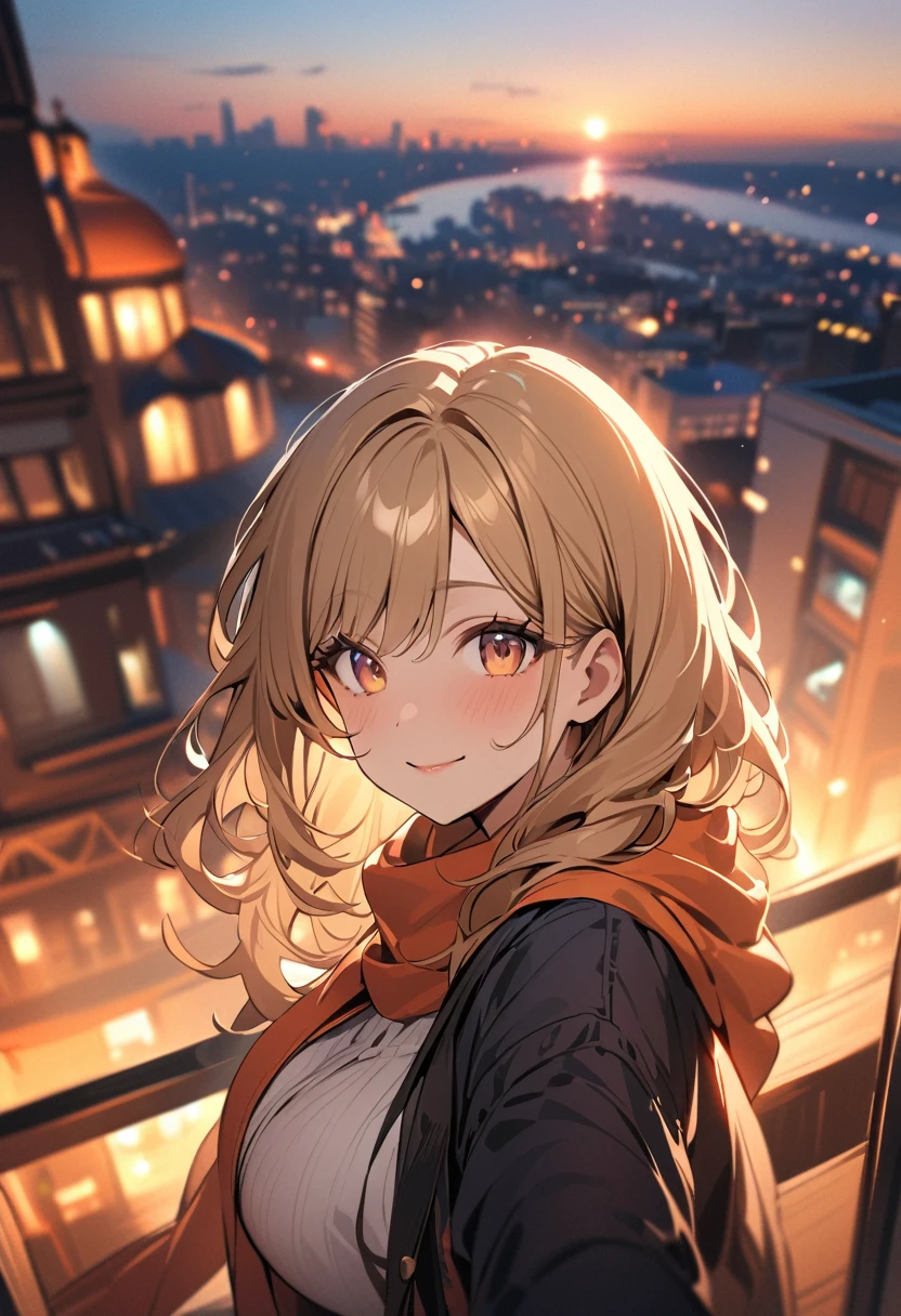 1 lady, 20 years old, blonde hair, long hair, wavy hair, light brown eyes, ????????????, 
BREAK (masterpiece), (high resolution 8K), cinematic lighting, professional lighting, detailed eyes and face, detailed body, 
BREAK As the sun sets, painting the sky with hues of orange and pink, a woman (captures a selfie:1.5) on a rooftop overlooking the city skyline. She’s dressed in evening casual, with a light scarf draped over her shoulders against the cooling air. Her smile is relaxed and joyful, embracing the beauty of the moment. The background features the silhouette of the city against the breathtaking sunset, symbolizing the end of a day filled with moments worth capturing