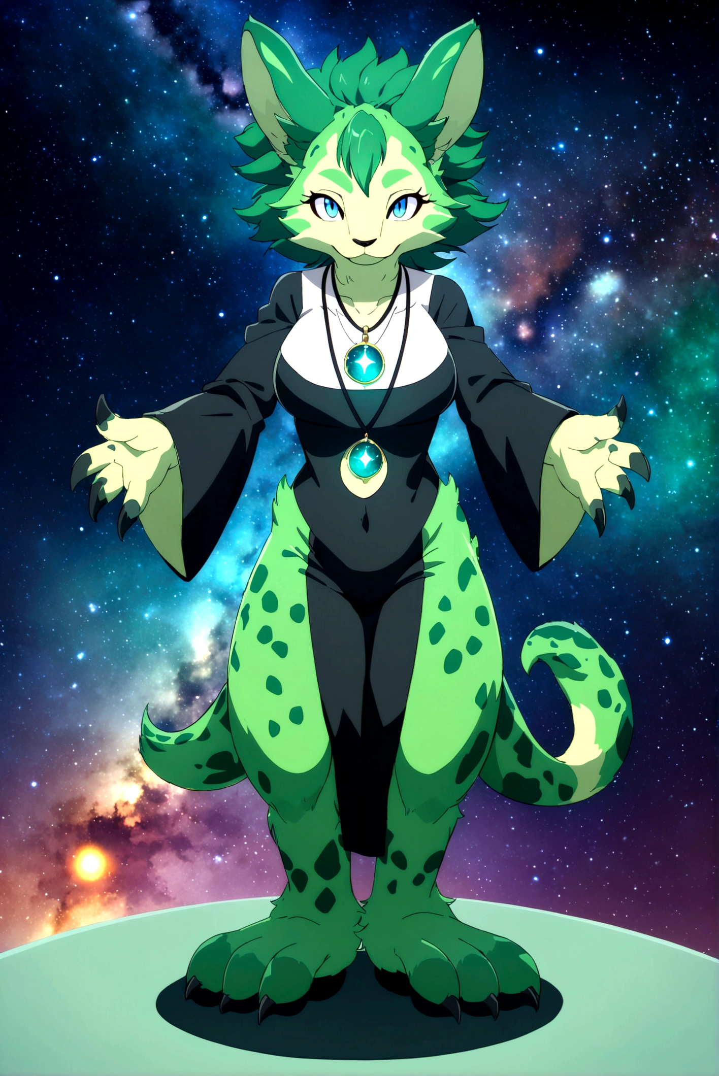 anime style, furry dragon female, anthropomorphic green with light green spots and turquoise stripes, with two X's on the chest, galaxy background, full body photo, moon pendant necklace, long dark green hair, dressed in tight clothing, humanoid anthropomorphic animal