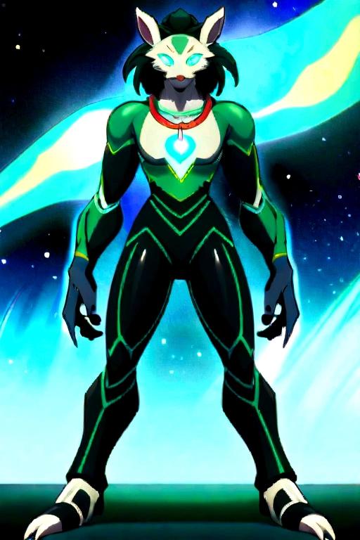 anime style, furry dragon female, anthropomorphic green with light green spots and turquoise stripes, with two X's on the chest, galaxy background, full body photo, moon pendant necklace, long dark green hair, dressed in tight clothing, humanoid anthropomorphic animal
