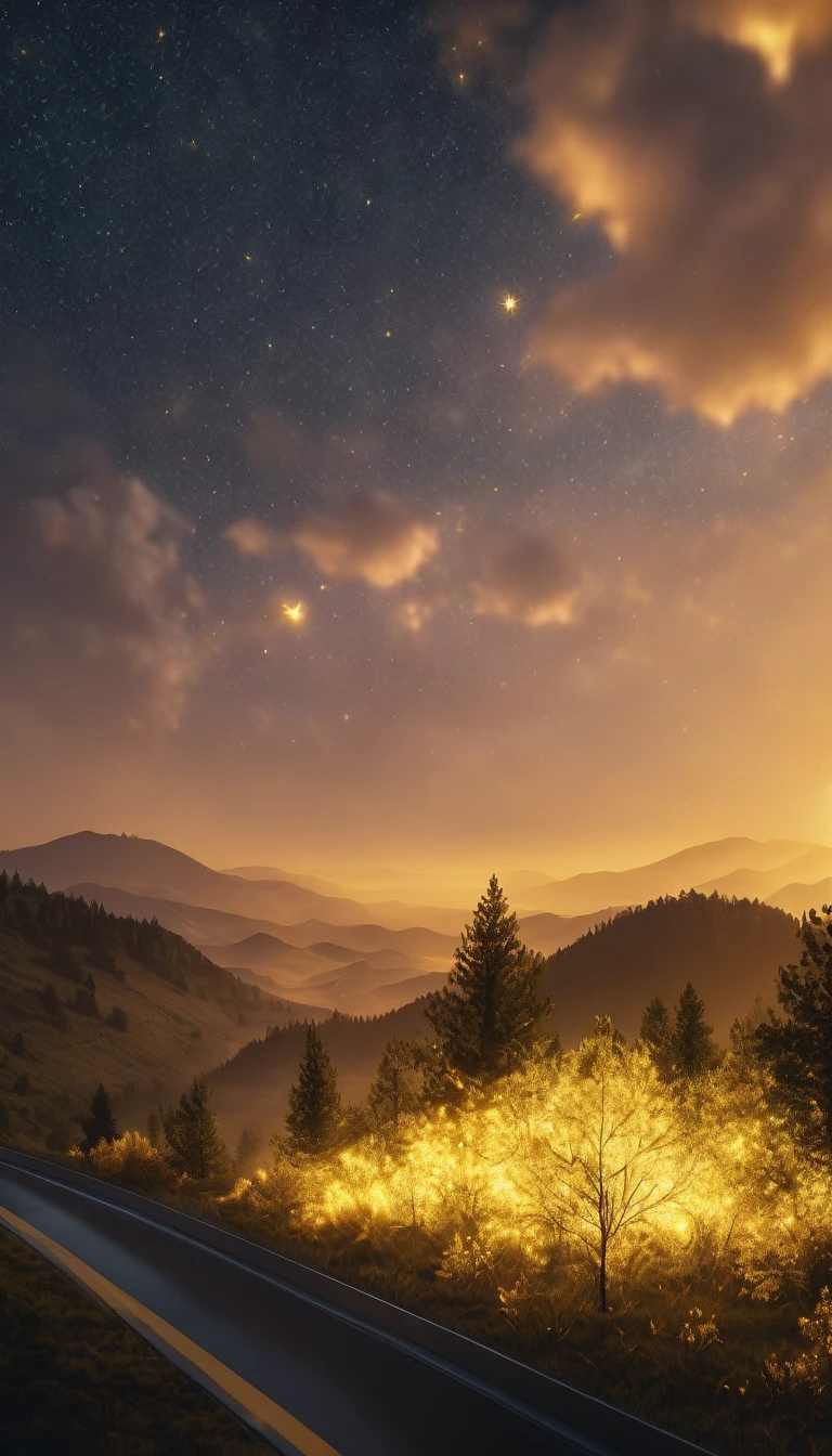 Yellow Sky,Band of Light,Particles of light,Twinkling Stars Ultra-Realistic, photo-realistic, ultra-definition, 4K, top quality, masterpiece,The sky