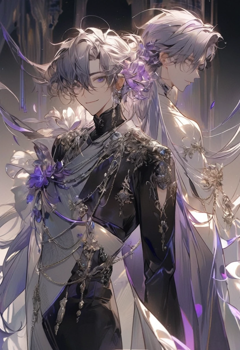 Feminine boy, beautiful soft facial features, smile, squinted siren dark blue eyes without glare, silver and dark purple long loose hair with straight bang, fantasy black fit clothes with blue and purple elements, long black gloves, model, gorgeous, elegant, lots of silver jewelry, flowers in his hair, skinny body