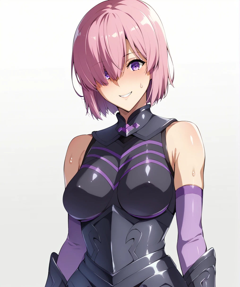 whole body、mash kyrielight, short hair, purple eyes, pink hair, hair over one eye,gloves, bare shoulders, elbow gloves, armor, black armor,smile、Ultra-detailed illustrations、Ultra-precise expression、masterpiece、Highest quality、ultra High resolution、High resolution、Hiromitsu Takeda Style、White background、Simple Background、whole body、One girl、solo、White Breath、Sweat、Glowing Skin、shiny skin、Front angle、View your viewers、stand、