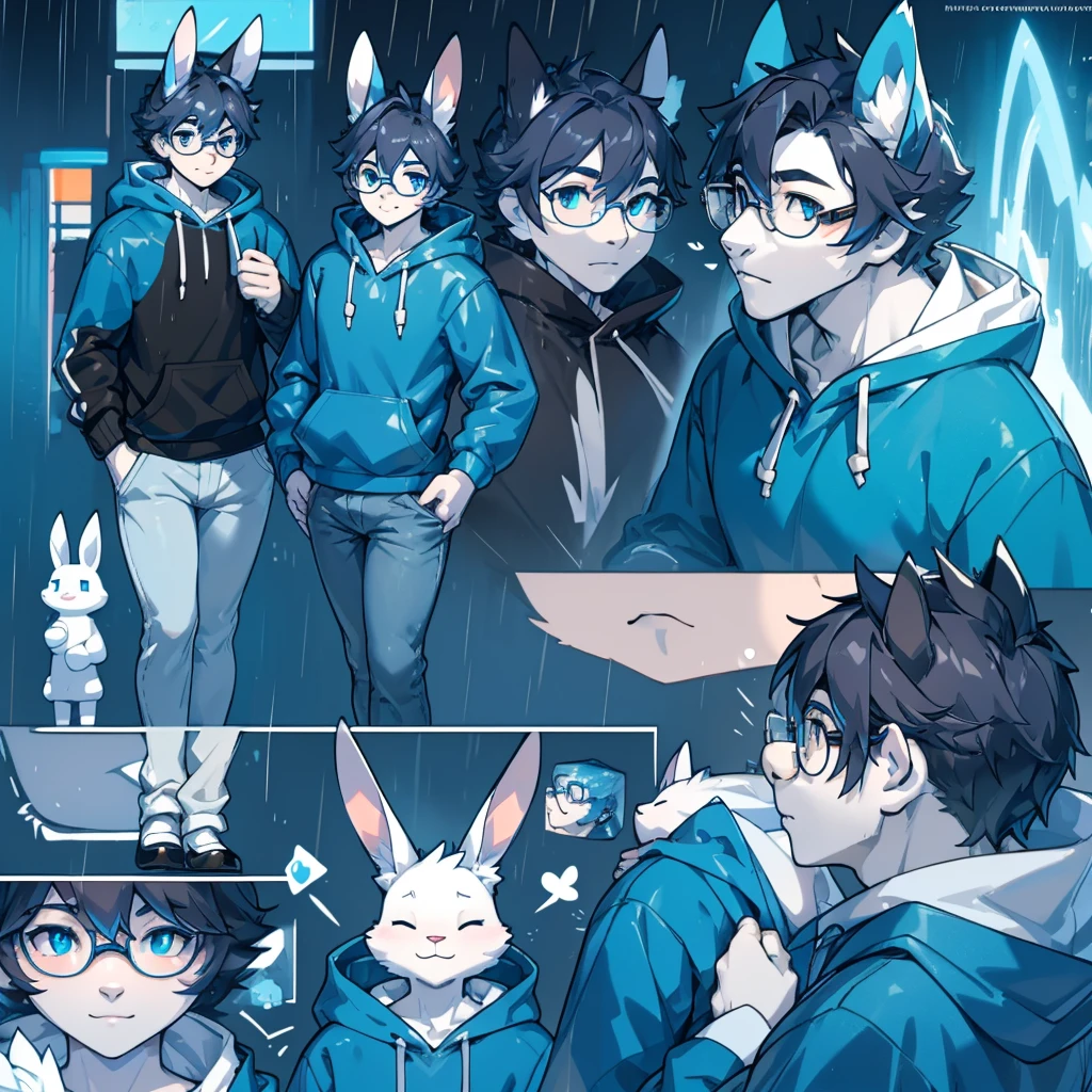 Masterpiece, best quality, Delicate face, perfect anatomy, vibrant color, detailed eyes, furry, male, Ref sheet of a male, antropomorfic black and white bunny in a rain dark blue hoddie, light blue jeans, with glasses