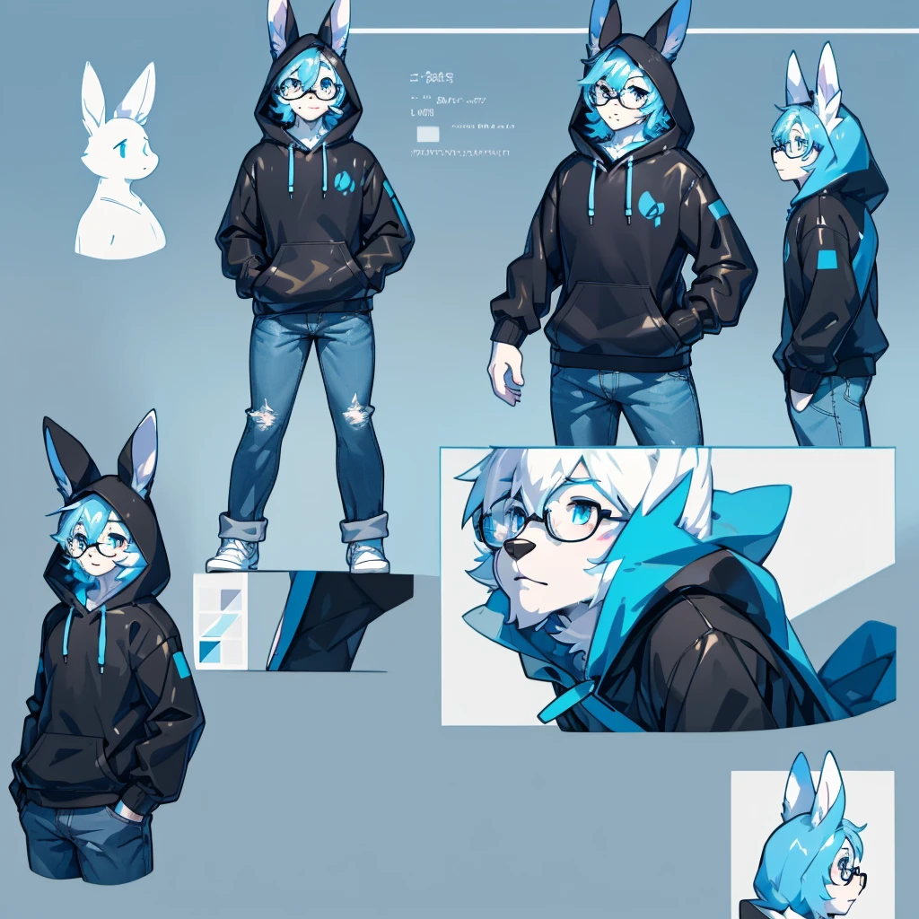 Masterpiece, best quality, Delicate face, perfect anatomy, vibrant color, detailed eyes, furry, male, Ref sheet of a male, antropomorfic black and white bunny in a rain dark blue hoddie, light blue jeans, with glasses