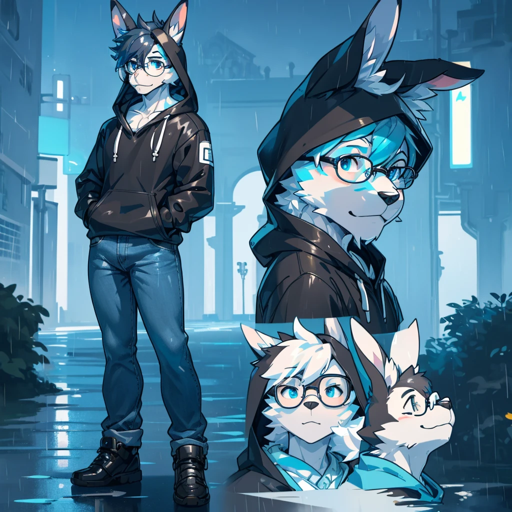 Masterpiece, best quality, Delicate face, perfect anatomy, vibrant color, detailed eyes, furry, male, Ref sheet of a male, antropomorfic black and white bunny in a rain dark blue hoddie, light blue jeans, with glasses 