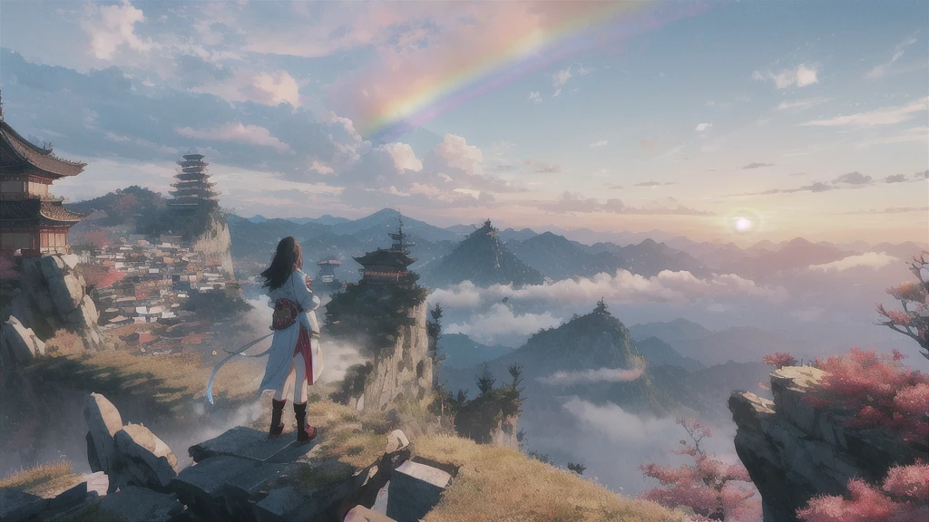 Anime Girl, Standing on a ledge watching the sunset, clouds and rainbow below, guweiz and Xin Haicheng, in style of Xin Haicheng, Xin Haicheng cyril rolando, sakimichan and Xin Haicheng, ross tran and Xin Haicheng, ( ( Xin Haicheng ) ), style of Xin Haicheng