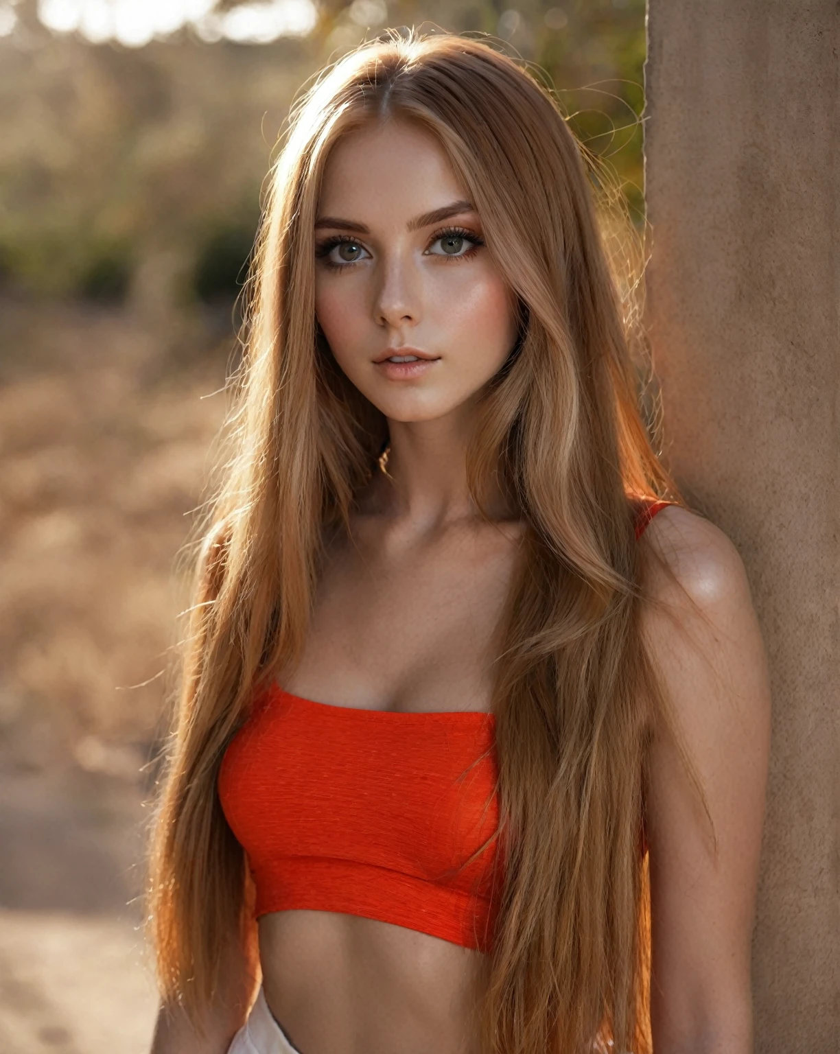 Arafed woman wearing a red top and white pants posing for a photo., long and shiny hair, She has long orange-brown hair., long shiny red hair, long blonde hair and big eyes, long hair and red shirt, with long hair, with long blonde hair, Orange peel and long fiery hair., long shiny ethereal hair, girl with long hair, long colorful hair