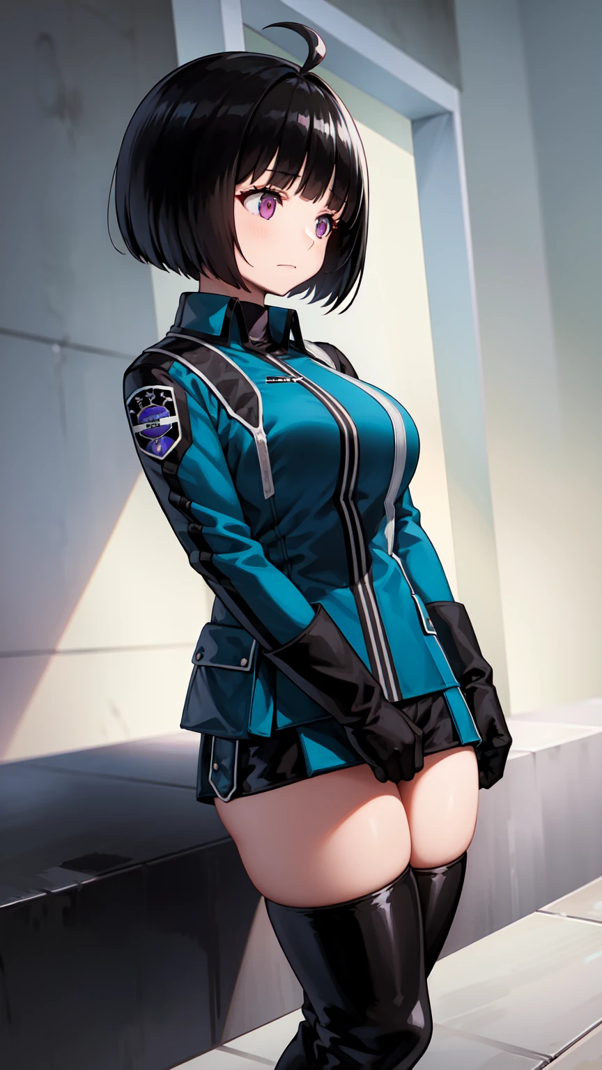 One Girl, alone, amateur_chika, short hair, Black Hair, Blunt bangs, Bobcut, Ahoge, Purple eyes, Long sleeve, Blue jacket, uniform, Black Shirt, turtleneck, Symbolism, Short black shorts, Black boots, carry a long rifle, Cowboy Shot、Thighs、Black thigh-high boots、（（（Black high heels）））whole body, face, high quality, masterpiece, 超High resolution, high quality, Attention to detail, 最high quality, High resolution、(Expressionless:1.3), Wide Hips, Thighsが太い, (Thighsの隙間:1.2), （Big Breasts:1.4),a room、（Wearing a collar）、（Being connected by a lead、）（squat:1.4)