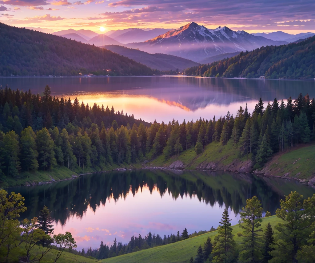 A beautiful purple sky, dramatic sunset, glowing clouds, detailed landscape, rolling hills, lush greenery, serene lake, reflection, dramatic lighting, painterly style, vibrant colors, photorealistic, 8k, high quality, masterpiece