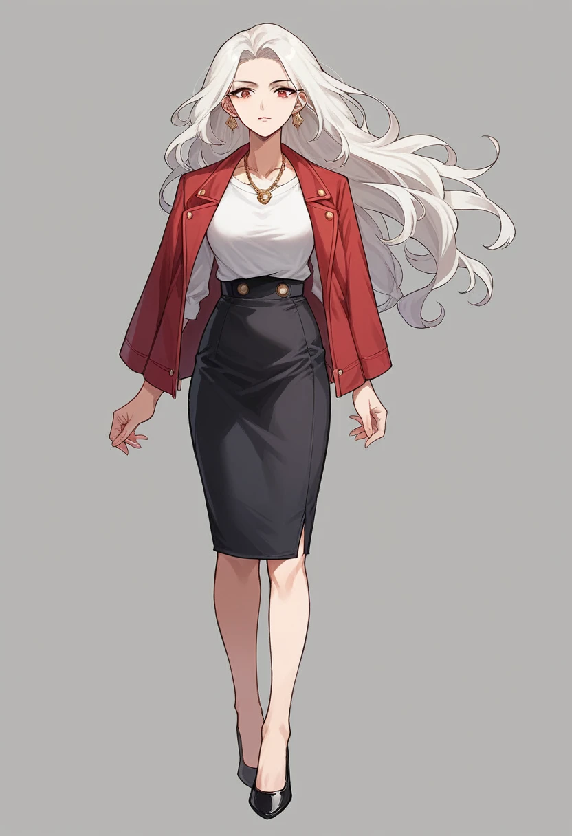 Highest quality, anime, One Girl, whole body, ３８Old woman, Bewitching beauty, Black wavy long hair, White shirt inner, Red jacket outerwear, Close the front of the jacket,  Red tight skirt, Black high heels, Female CEO, Front standing, necklace, Earrings