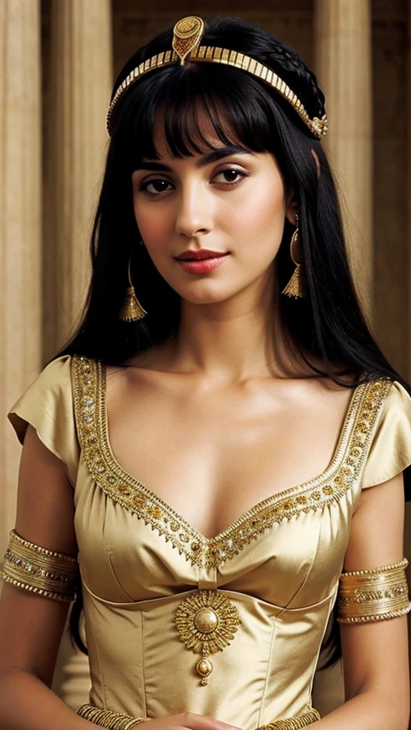 Cleopatra in a circle of beautiful dress, very realistic photo, beautiful facial features