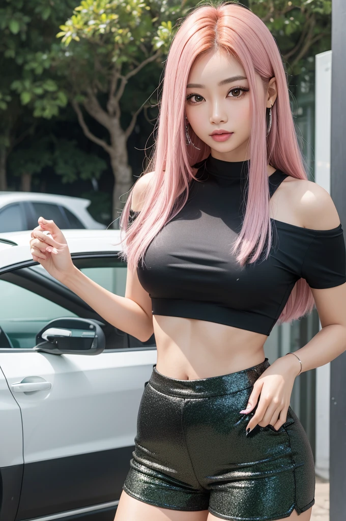 1 Asian, olhos na cor verde, naturally pink mouth, straight hair down to the waist, caramel color hair, wearing a black cropped blouse with silver sparkles, a pair of black shorts.