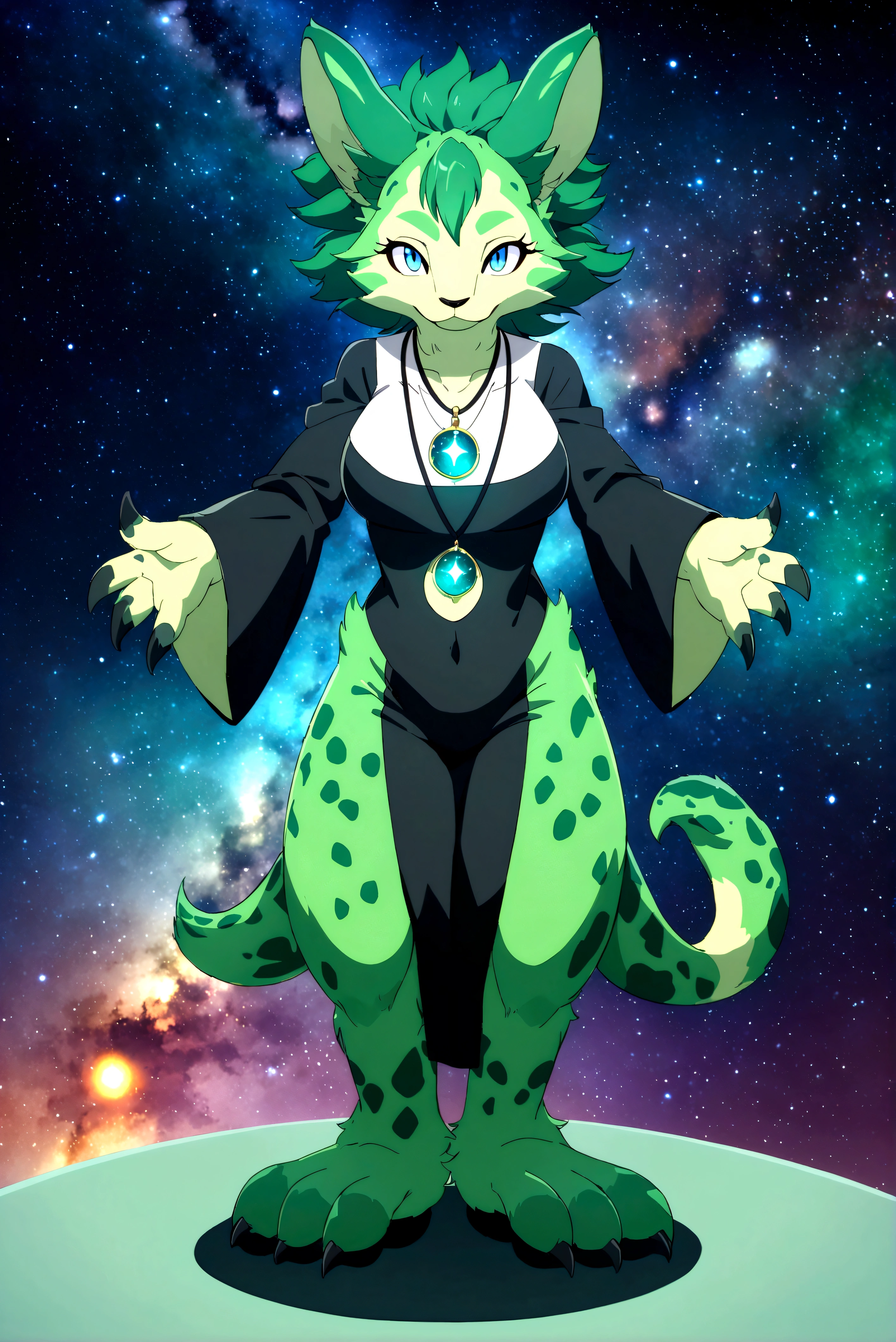 anime style, furry dragon female, anthropomorphic green with light green spots and turquoise stripes, with two X's on the chest, galaxy background, full body photo, moon pendant necklace, long dark green hair, dressed in tight clothing, humanoid anthropomorphic animal