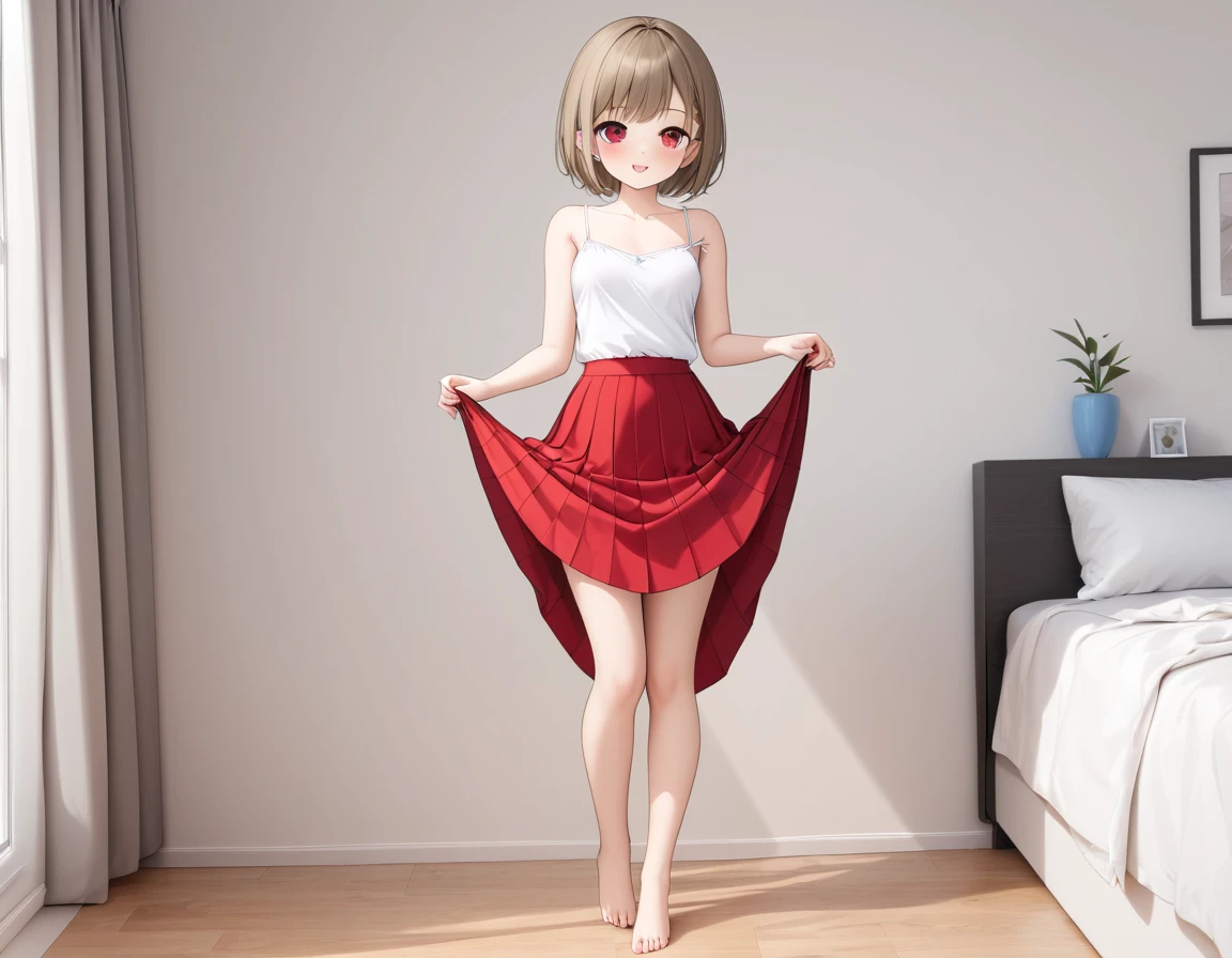 Short girls、White camisole、Slightly transparent、Bright red long skirt、Lift up your skirt with both hands、Showing off cute white underwear、barefoot