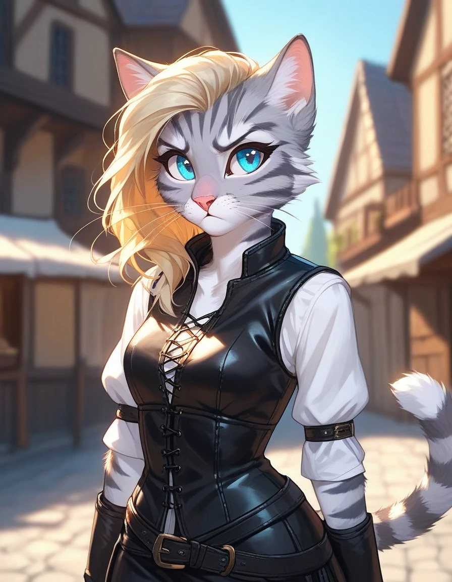 Solo, score_9,score_8_up,score_7_up, source_furry, kat, Anthro furry feline, female, tall slender body, long blonde hair, undercut hair, pink nose, :3, blue eyes, white whiskers, silver fur, grey stripes, furry body, wearing black cloth vest, black leather medieval vest, black shorts, adventuring gear, standing, outdoors, pouting