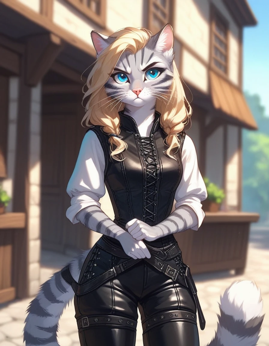 Solo, score_9,score_8_up,score_7_up, source_furry, kat, Anthro furry feline, female, tall slender body, long blonde hair, undercut hair, pink nose, :3, blue eyes, white whiskers, silver fur, grey stripes, furry body, wearing black cloth vest, black leather medieval vest, black shorts, adventuring gear, standing, outdoors, pouting 