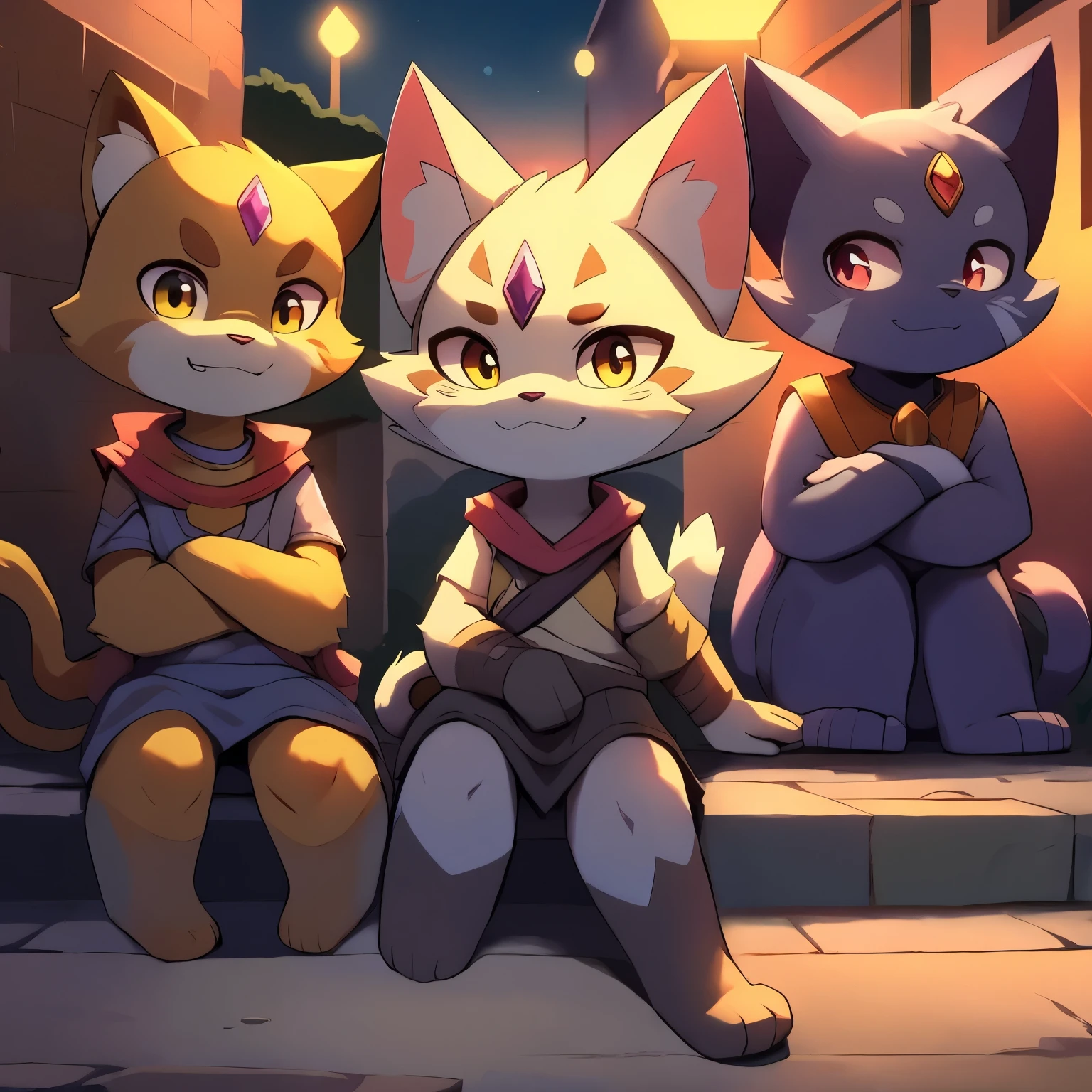 a close up of a group of dragon cats sitting on a sidewalk, cats cat dream cats, cat cat dream cats, planet of the cats, warrior cats, another animated episode, Bilibili, dragons, Bilibili stylized furry, meeting of the cats, night time!, cats, cartoon series, precious gems